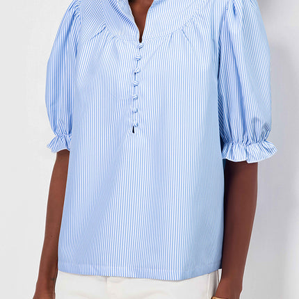 Sky Blue Stripe Ruffled Collar Puff Sleeve Half Buttons Blouse