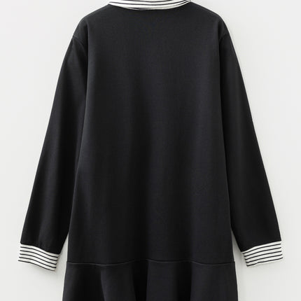 Black Plus Size Striped Cuffs Polo Collar Patchwork Long Sleeve Ruffle Hem Dress