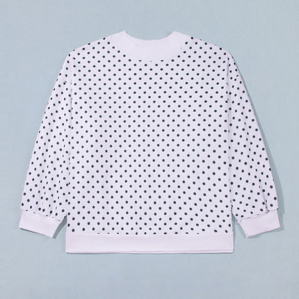 White Polka Dot Ribbed Stand Neck Plus Size Casual Sweatshirt