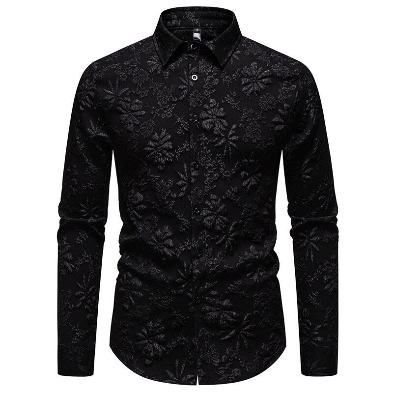 Men's Floral Long Sleeve Shirt Fashion Jacquard Loose-fitting Plus Size Tops