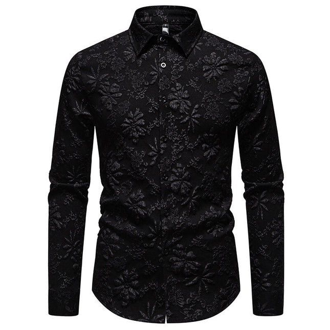 Men's Floral Long Sleeve Shirt Fashion Jacquard Loose-fitting Plus Size Tops