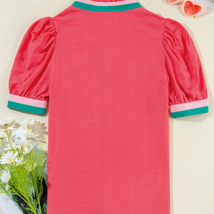 Carrot Colorful Trim V Neck Short Sleeve Blouse