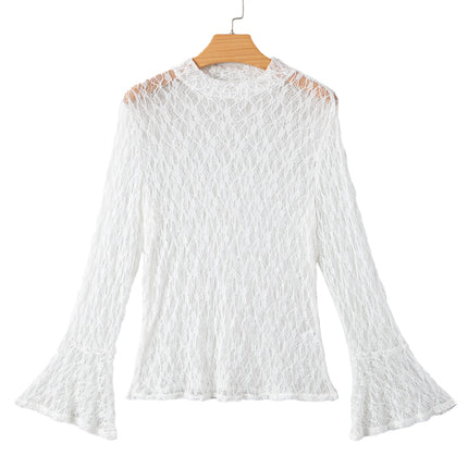 White Sheer Lace Bell Sleeve Mock Neck Blouse