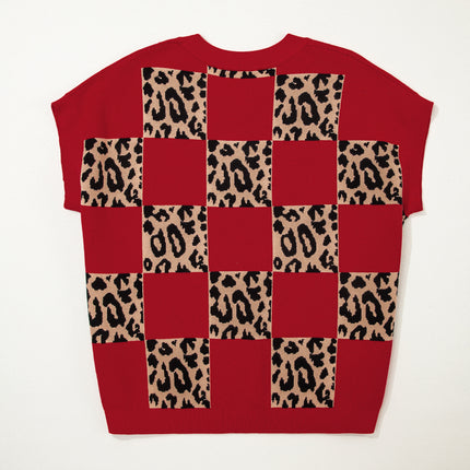 Green Plus Size Leopard Contrasted Checkered Short Sleeve Sweater