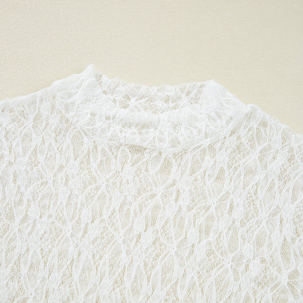 White Sheer Lace Bell Sleeve Mock Neck Blouse