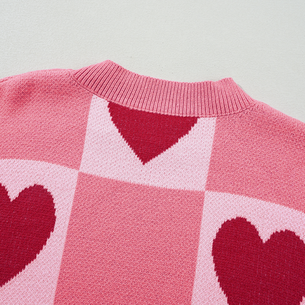 Pink Plus Size Love Heart Block Mock Neck Lantern Sleeve Valentine Sweater