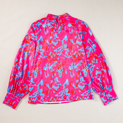 Purple Printed Bubble Sleeve Mock Neck Blouse