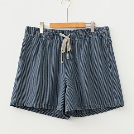 Blue Stripe Plus Size Contrast Drawstring Elastic Waist Denim Shorts