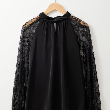 Black Keyhole Neckline Floral Lace Raglan Sleeve Blouse