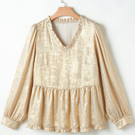 Gold Metallic Frilled V Neck Puff Sleeve Babydoll Blouse