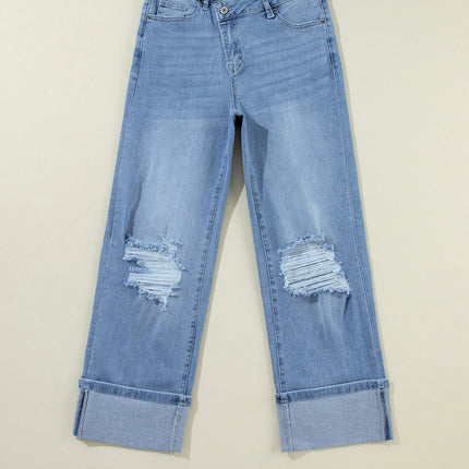 Dusk Blue High Rise Asymmetric Button Zip Fly Ripped Jeans