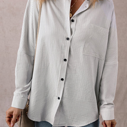DEAR-LOVER Stripe Roll-tab Sleeve Pocketed Long Shirt