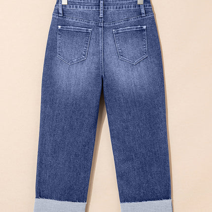 Real Teal Folded Cuffs Distressed Straight High Waist Jeans