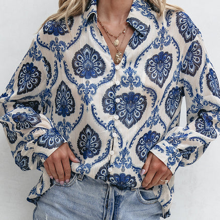Blue Tribal Pattern Buttoned Front Loose Shirt