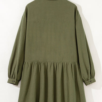 Four Leaf Clover Plus Size Collar Half Button Long Sleeve Ruffle Hem Mini Dress