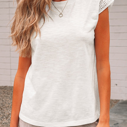 White Lace Patchwork Cap Sleeve Round Neck T Shirt