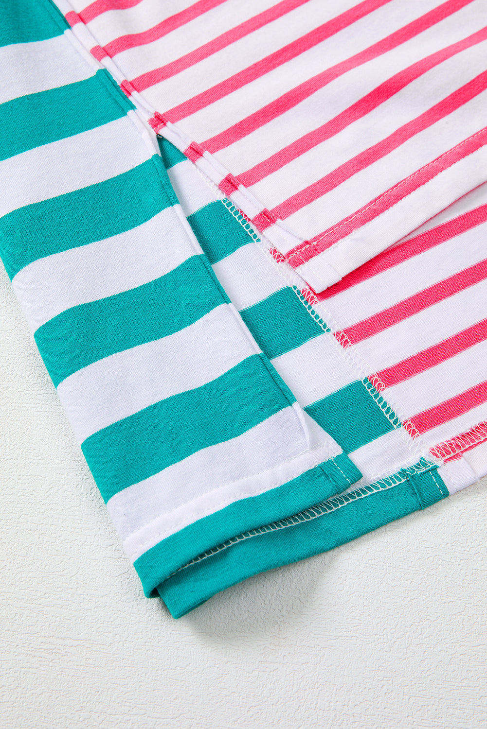 Pink Stripe Mixed Pattern Patchwork Uneven Hem Loose Tee