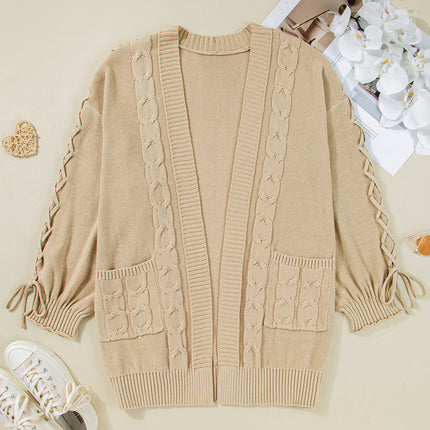 Parchment Cable Knit Braided Tie Sleeve Plus Size Open Cardigan