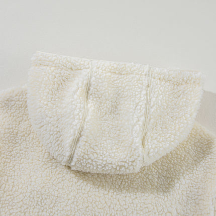 Beige Fleece Zip Up Drawstring Hooded Pocketed Jacket