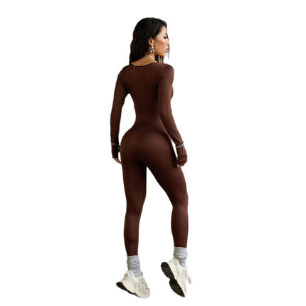Women's Sports Fitness Square Collar Button Long Sleeve Yoga Jumpsuit