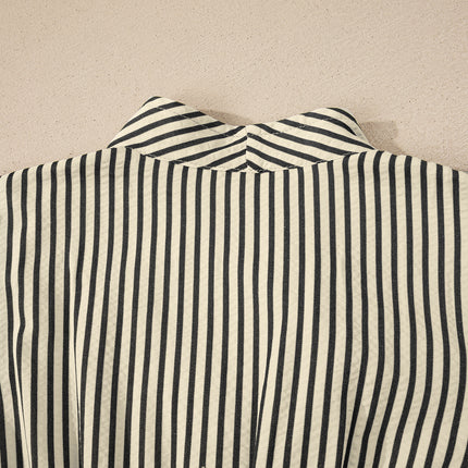 Black Stripe V Neck Zip Front Cinched High Waist Midi Dress