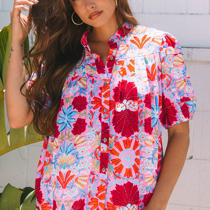 Pink Floral Print Bubble Sleeve Button Up Pleated Shirt