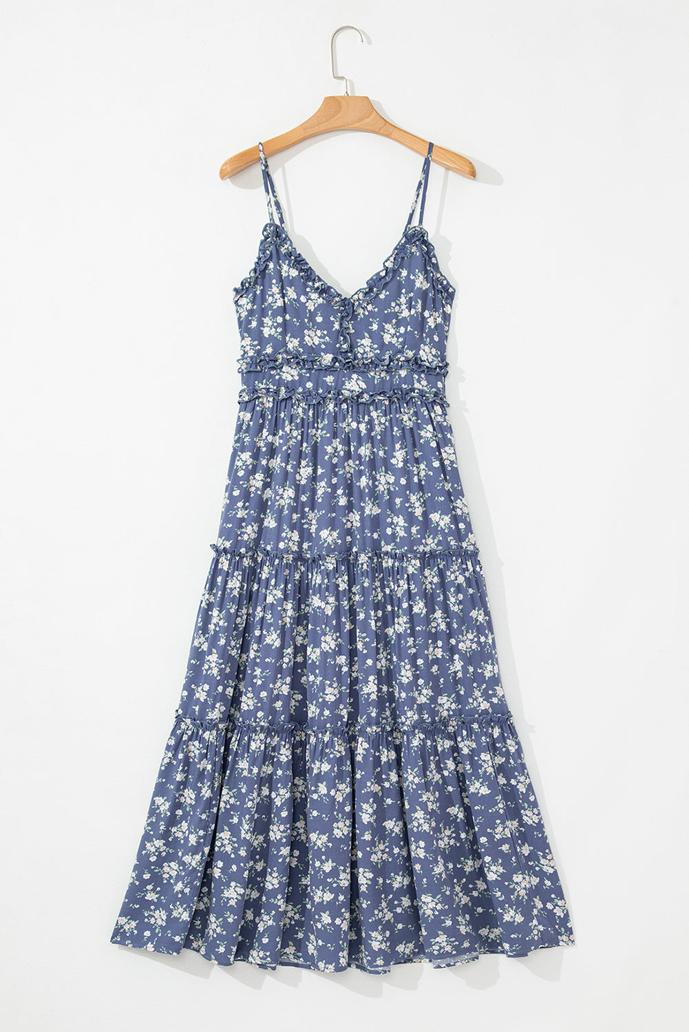 Blue Floral Spaghetti Strap Frilled V Neck Tiered Midi Dress