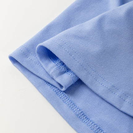 Sky Blue Flower Patched Exposed Stitching Trim Crew Neck Loose Tee