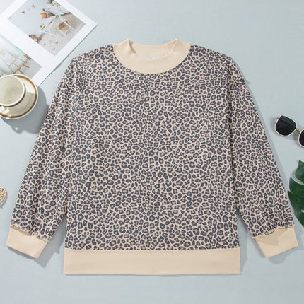 Multicolour Plus Size Leopard Print Ribbed Color Block Mock Neck Tunic Sweatshirt