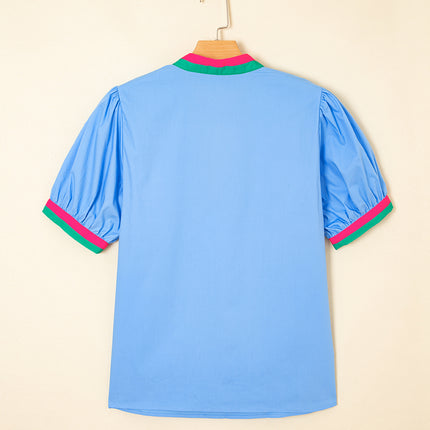 Sky Blue Contrast Striped V Neck Collision Short Puff Sleeve Blouse