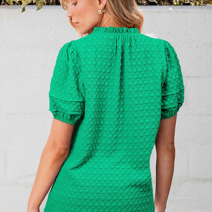 Bright Green Textured Puff Short Sleeve Notched V Neck Top