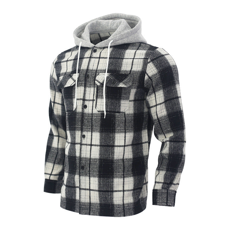 Loose Casual Flannel Jacquard Long Sleeve Hooded Plaid Shirt