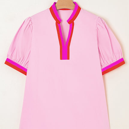 Pink Contrast Striped V Neck Collision Short Puff Sleeve Blouse