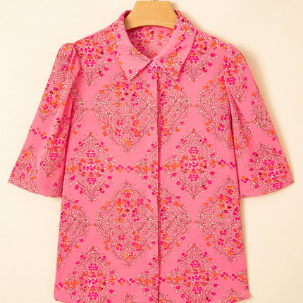 Rose Red Floral Print Wide Short Sleeve Loose Shirt