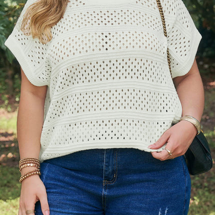 White Plus Size Eyelet Hollow Out Knit Ribbed Trim Short Sleeve Dolman Sweater