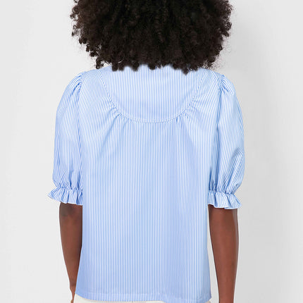 Sky Blue Stripe Ruffled Collar Puff Sleeve Half Buttons Blouse