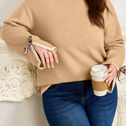 Tan Plus Size Leopard Bow Decor Split Cuffs Loose Sweater