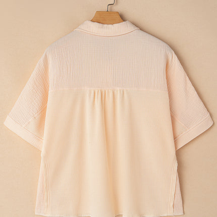 Beige Waffle Splicing Short Batwing Sleeve Flap Detail Shirt