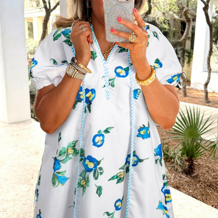 White Plus Size Floral Short Puff Sleeve Contrast Tie V Neck Dress