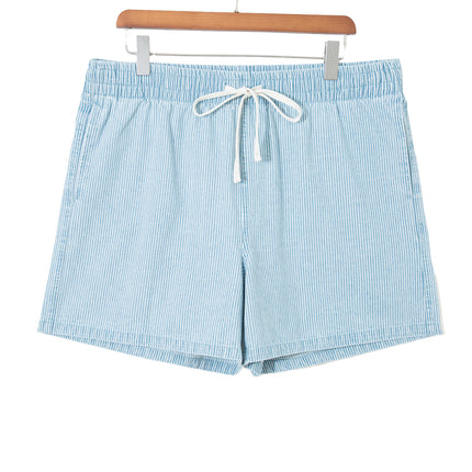 Sky Blue Stripe Plus Size Contrast Drawstring Elastic Waist Denim Shorts