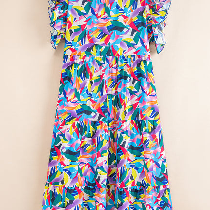 Blue Geometric Print Ruffled Short Sleeve Plus Size Tiered Maxi Dress