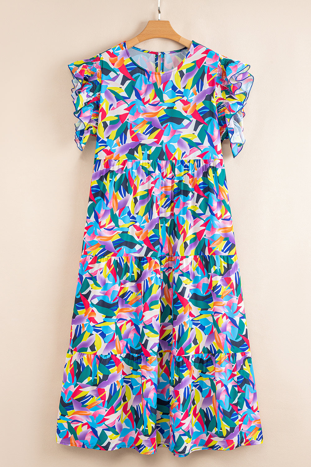 Blue Geometric Print Ruffled Short Sleeve Plus Size Tiered Maxi Dress