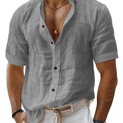 Men's Summer Men's Lapel Shirt Solid Color Short Sleeve Cotton Linen Shirt