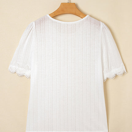 White Scalloped Lace Trim Jacquard Textured T Shirt