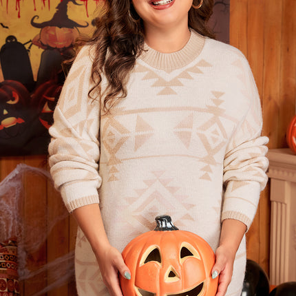 Apricot Plus Size Western Aztec Print Loose Sweater