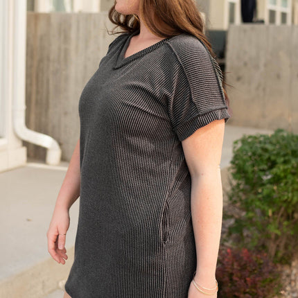Carbon Grey Corded V Neck Plus Size T Shirt Dress with Pockets