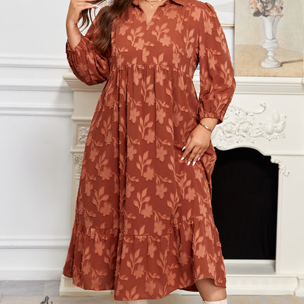 Cinnamon Plus Size Textured 3D Flower Pattern Ruffle Hem 3/4 Sleeve Long Dress