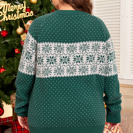 Green Christmas Snowflake Pattern Drop Shoulder Plus Size Sweater