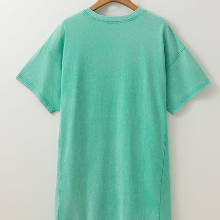 Mint Green Mineral Wash Flower Patchwork Mini T Shirt Dress