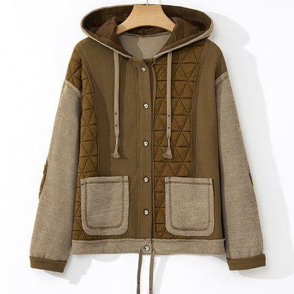 Jungle Green Quilted Textured Patchwork Loose Fit Hooded Jacket